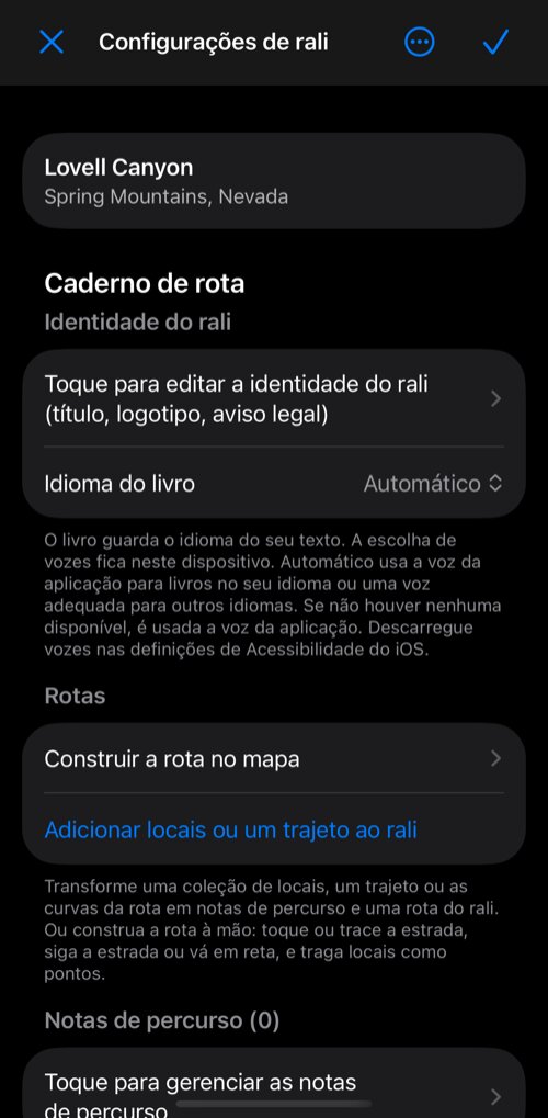 Configurações de rali: o grupo Caderno de rota com a identidade do rali, o idioma do livro, a seção Rotas e as notas de percurso