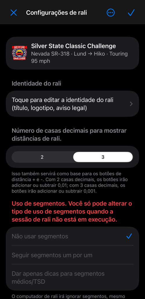 Configurações de rali: identidade do rali, casas decimais, uso de segmentos e segmentos