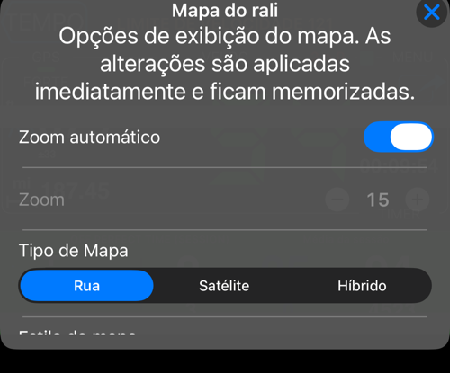 Opções do medidor de mapa do rali: zoom automático, zoom, tipo de mapa e estilo do mapa