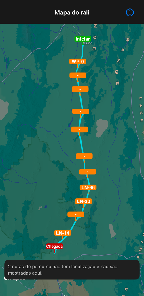 O mapa do rali com a rota, as notas de percurso e a chegada