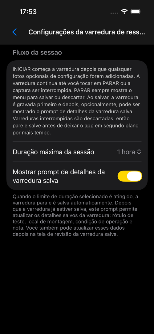 Tela de configurações da Varredura de ressonância