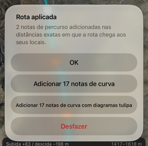 O resumo depois de Aplicar: duas notas de percurso adicionadas nas distâncias exatas, a oferta de adicionar 17 notas de curva com ou sem diagramas tulipa, OK e Desfazer