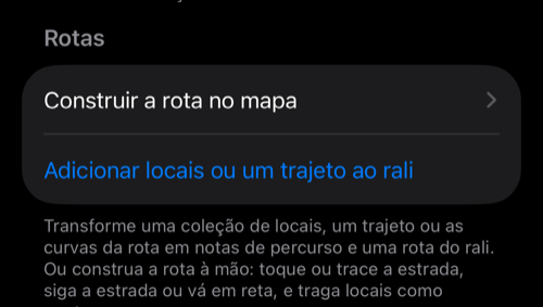 Configurações de rali: o grupo Caderno de rota com Construir a rota no mapa e Adicionar locais ou um trajeto ao rali na seção Rotas