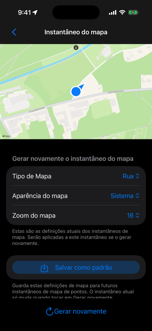 Captura do mapa de um local, com as opções Tipo de Mapa, Aparência do mapa e Zoom do mapa e o botão Gerar novamente