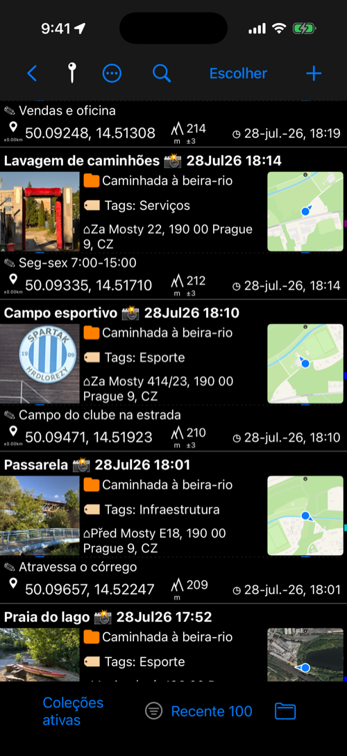Lista de locais em que a Passarela mostra a altitude de 209 m preenchida pelo terreno, sem valor de precisão, enquanto os locais vizinhos mostram altitudes do GPS com ±3 m
