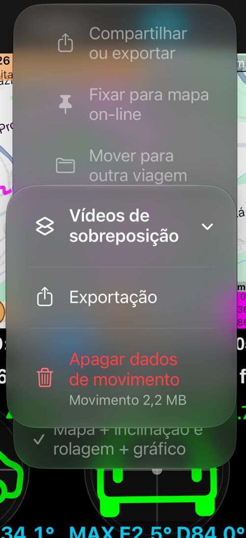 O submenu “Vídeos de sobreposição”: “Exportação” e “Apagar dados de movimento” com o tamanho