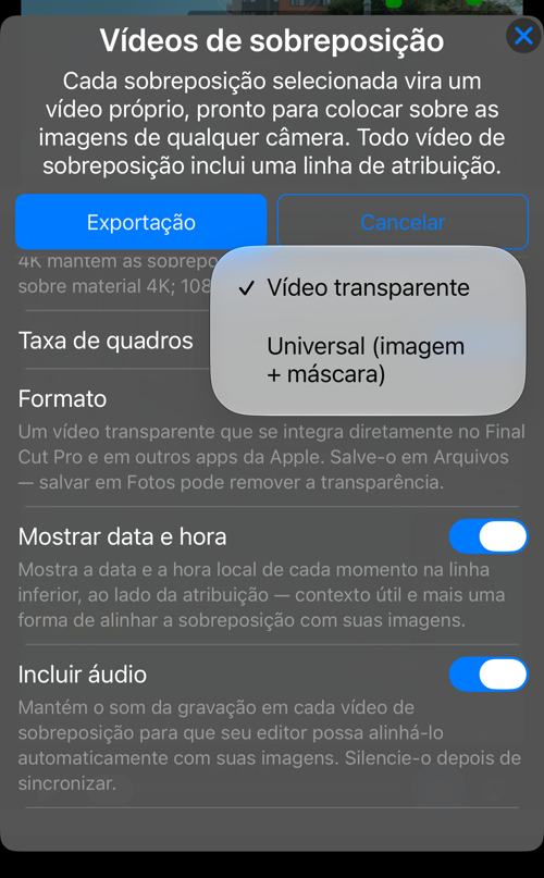 A escolha de formato: “Vídeo transparente” ou “Universal (imagem + máscara)”