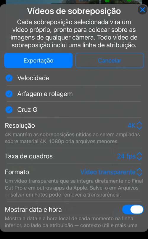 Opções dos vídeos de sobreposição: as sobreposições disponíveis nesta gravação, todas marcadas, e a linha “Resolução”