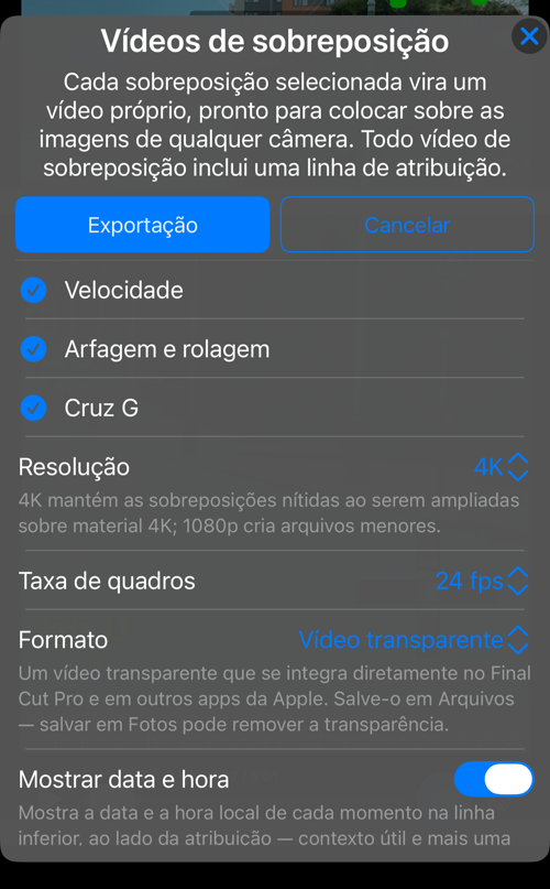 Opções dos vídeos de sobreposição: as sobreposições disponíveis nesta gravação, todas marcadas, e a linha “Resolução”