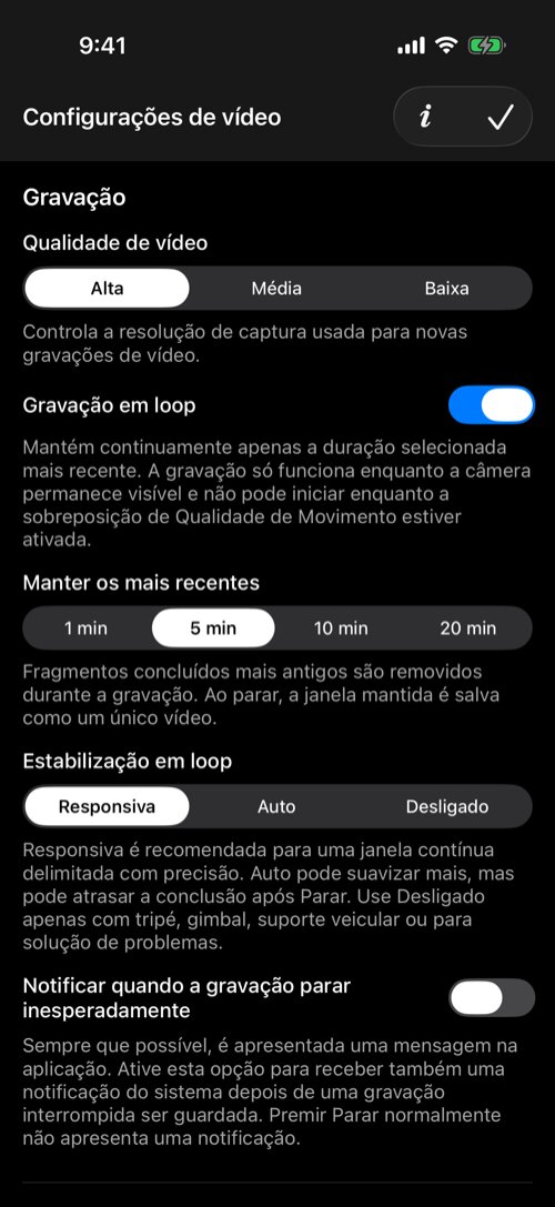 Configurações de vídeo com qualidade alta e loop responsivo de cinco minutos