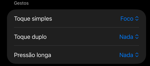 Configurações de controles do visor: a seção «Gestos» com «Toque simples», «Toque duplo» e «Pressão longa»