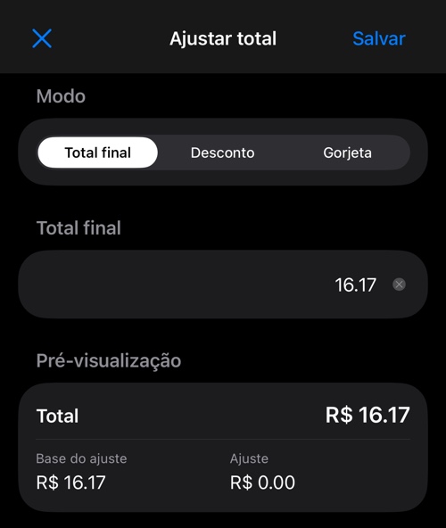 Ajustar total no modo Total final, com o seletor de modo, o campo do valor e a pré-visualização