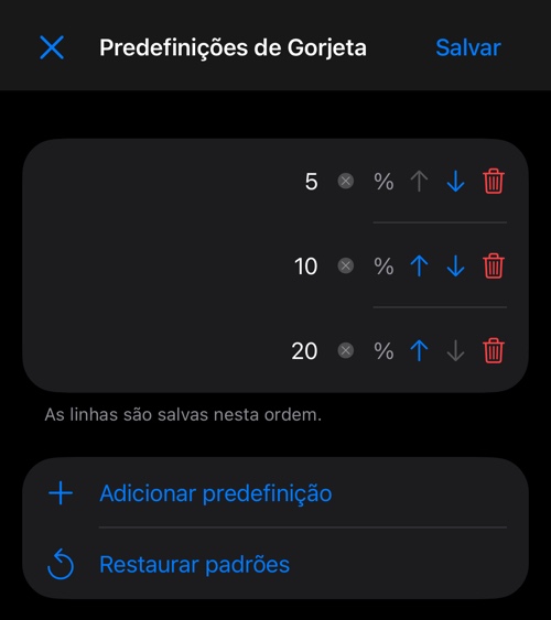 O editor de predefinições de porcentagem com três linhas, Adicionar predefinição e Restaurar padrões