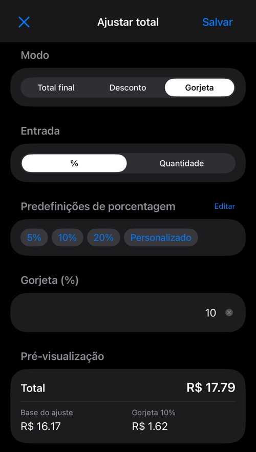 Modo gorjeta com as porcentagens predefinidas, o campo do valor e a pré-visualização