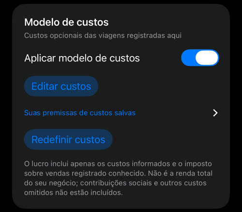 O cartão Modelo de custos com custos salvos: Aplicar modelo de custos ligado, Editar custos, Suas premissas de custos salvas e Redefinir custos