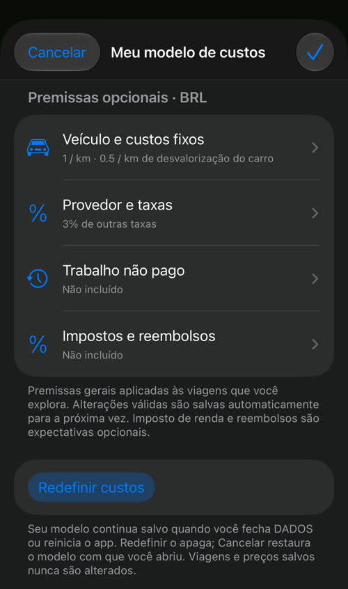 Meu modelo de custos depois de salvar: 1 / km de custo de rodagem e 0.5 / km de desvalorização do carro, 3% de outras taxas