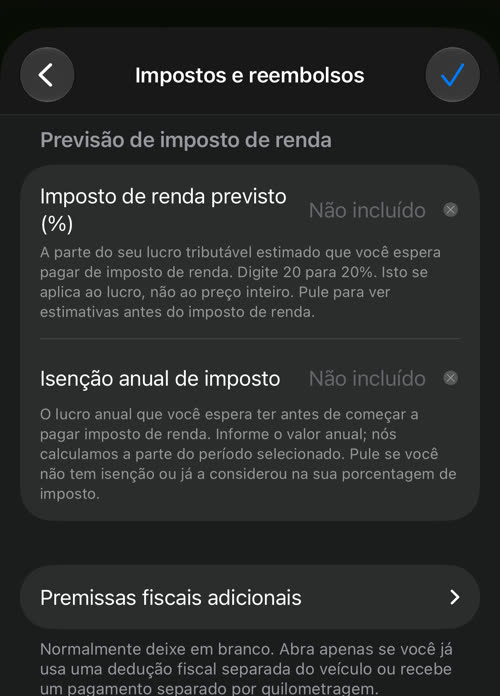 Impostos e reembolsos: imposto de renda previsto, isenção anual de imposto e o botão Premissas fiscais adicionais