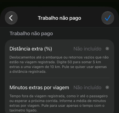 Trabalho não pago: distância extra em porcentagem e minutos extras por viagem