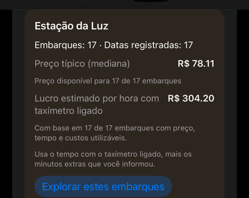 Estação da Luz às 07:00 nos dias úteis: 17 embarques em 17 datas, preço típico R$ 78.11, lucro estimado de R$ 304.20 por hora com taxímetro ligado
