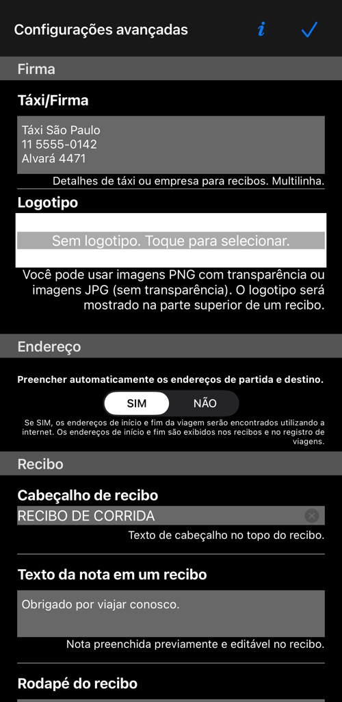 Topo das configurações avançadas: o bloco da empresa, o logo e a chave de endereços