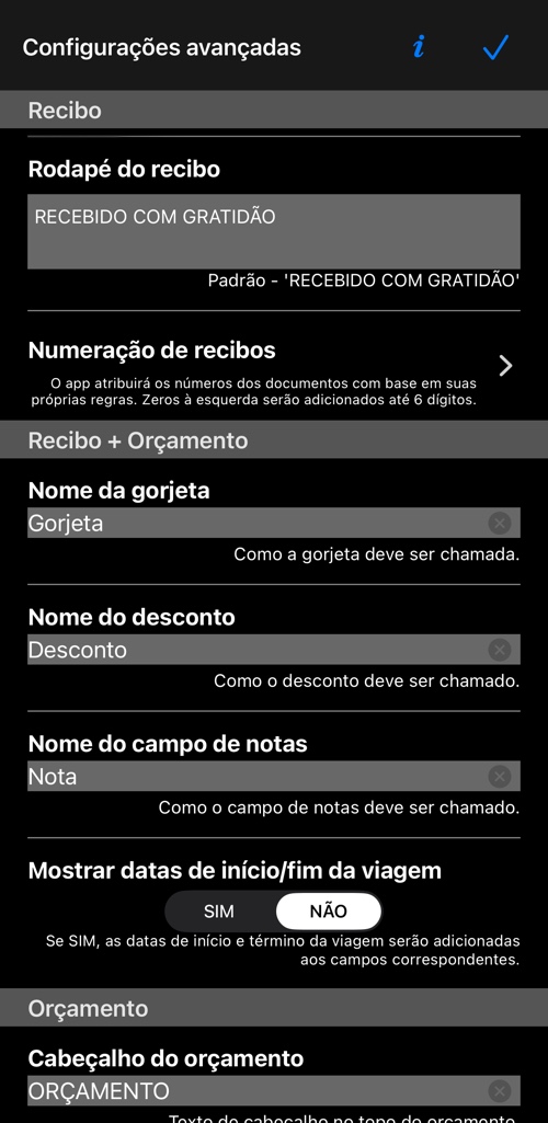 A seção de recibo: cabeçalho, a nota com que todo recibo começa, o rodapé fixo e a numeração