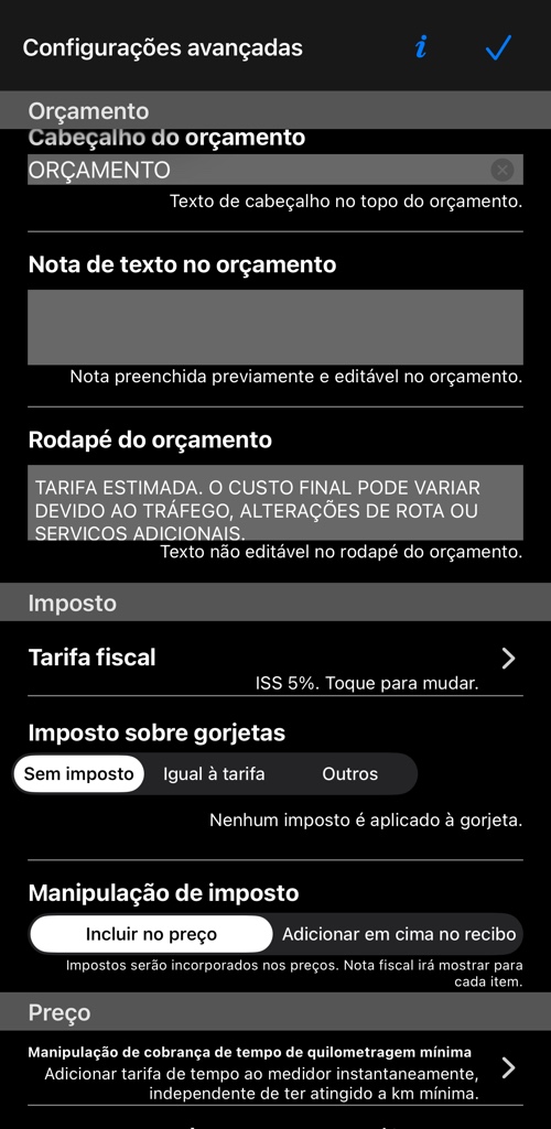 A seção de orçamento e a de imposto: imposto da tarifa, imposto sobre gorjetas, tratamento do imposto