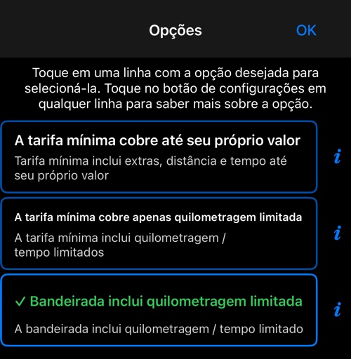 As três opções do que a bandeirada ou o preço mínimo inclui, com esta selecionada