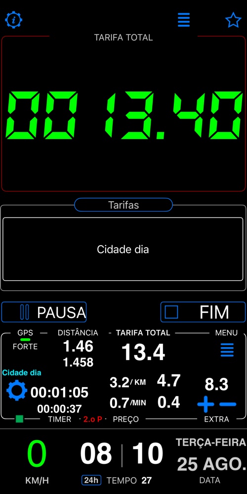 O painel neste modo, com o taxímetro rodando