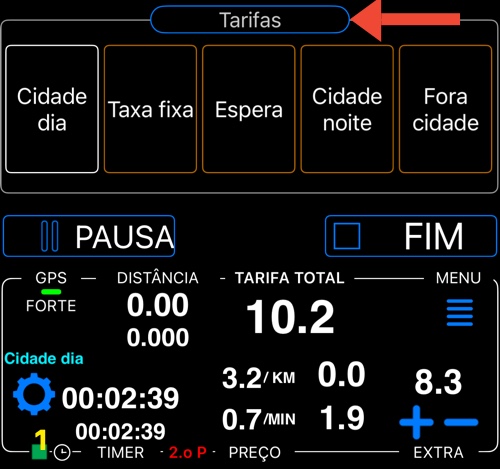 Uma seta vermelha aponta para o botão Tarifas acima do painel de troca de tarifas