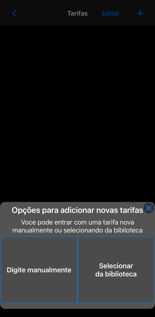 Opções para adicionar novas tarifas: digitar manualmente ou selecionar da biblioteca