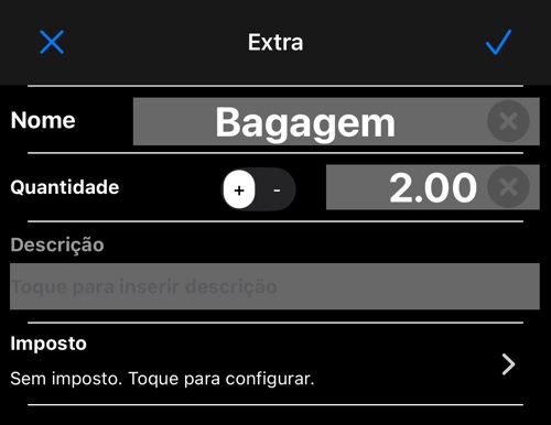 Tela de edição do extra com o nome Bagagem e a quantidade 2,00