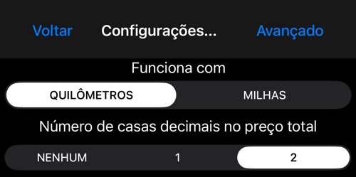 Tela Configurações gerais com a escolha entre quilômetros e milhas e o número de casas decimais