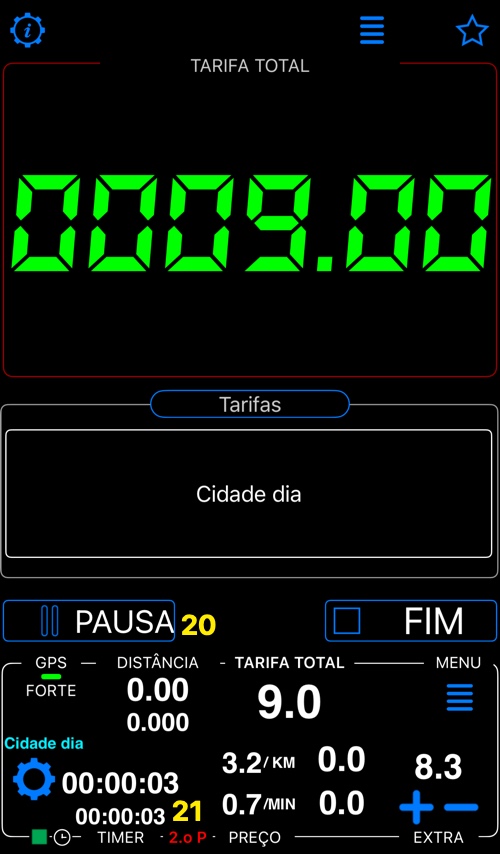 Tela principal após iniciar a corrida: tarifa total 9,00, extras 8,30, com os botões 20 e 21 indicados
