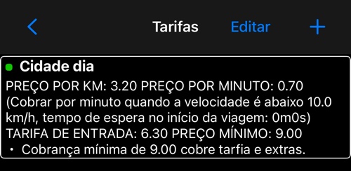 Lista de tarifas com uma tarifa marcada como ativa por um ponto verde