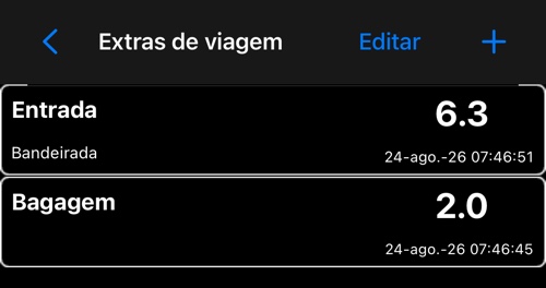 Lista de extras de viagem com os itens Bagagem e bandeirada