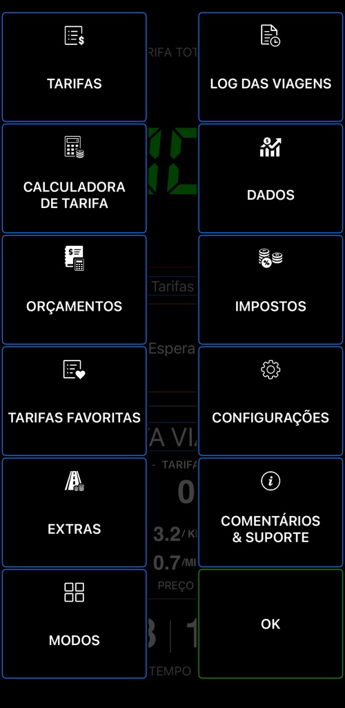 Menu do Taximetro 55 com tarifas, calculadora de tarifa, orçamentos, tarifas favoritas, extras, modos, log das viagens, dados, impostos, configurações e suporte
