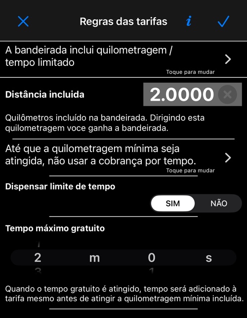 A tela Regras das tarifas: o que a tarifa inclui, a distância incluída e as regras de tempo