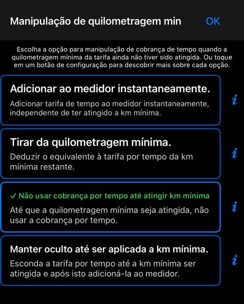 As quatro opções para a cobrança de tempo antes de alcançar a distância incluída