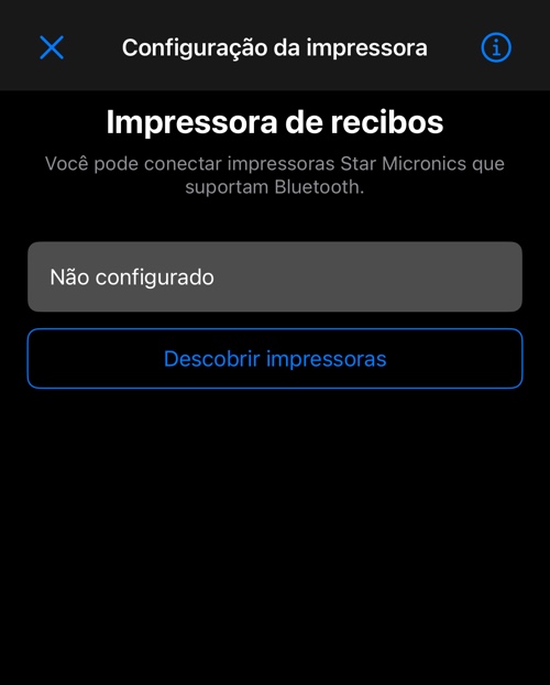 A tela de configuração de impressora no iOS: status, modelos compatíveis e um botão para procurar impressoras