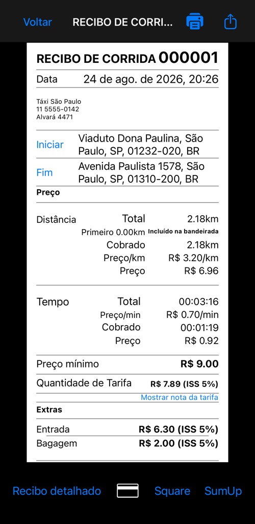 A parte de cima do recibo detalhado: cabeçalho, empresa, início e fim, e o começo do detalhamento da tarifa