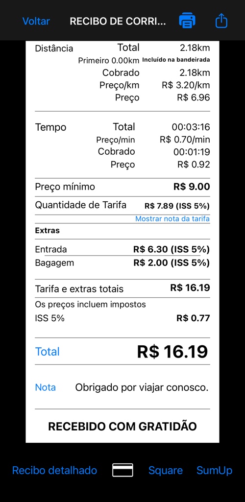 A parte central do recibo detalhado: valor por distância, valor por tempo, total da tarifa e lista de extras