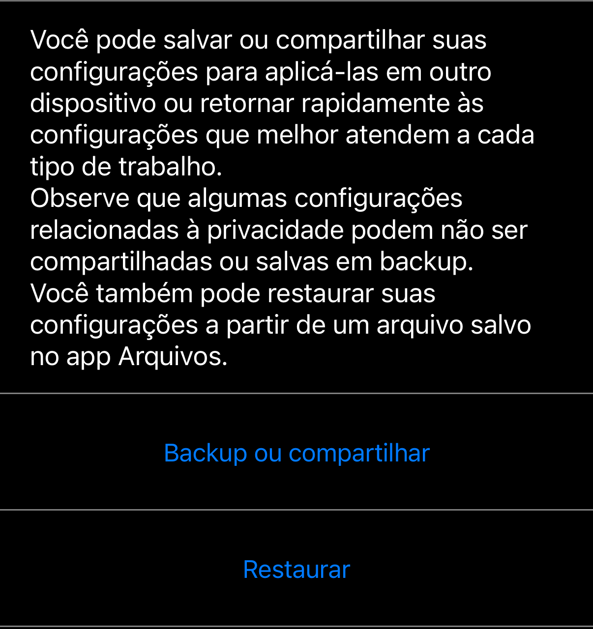 Gerenciar configurações do aplicativo: a explicação, com «Backup ou compartilhar» e «Restaurar» abaixo