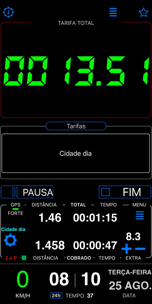 O painel neste modo, com o taxímetro rodando