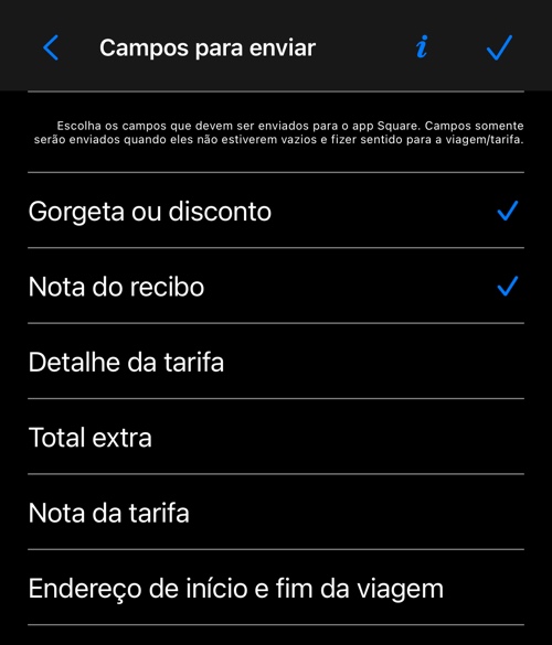 O seletor de campos a enviar