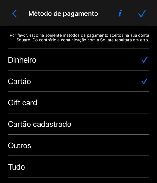 A tela de tipos de pagamento