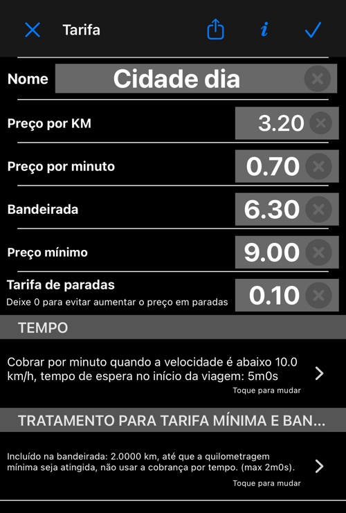 O editor de tarifas com nome, preços, bandeirada, mínimo, tarifa de paradas e as duas linhas de regras