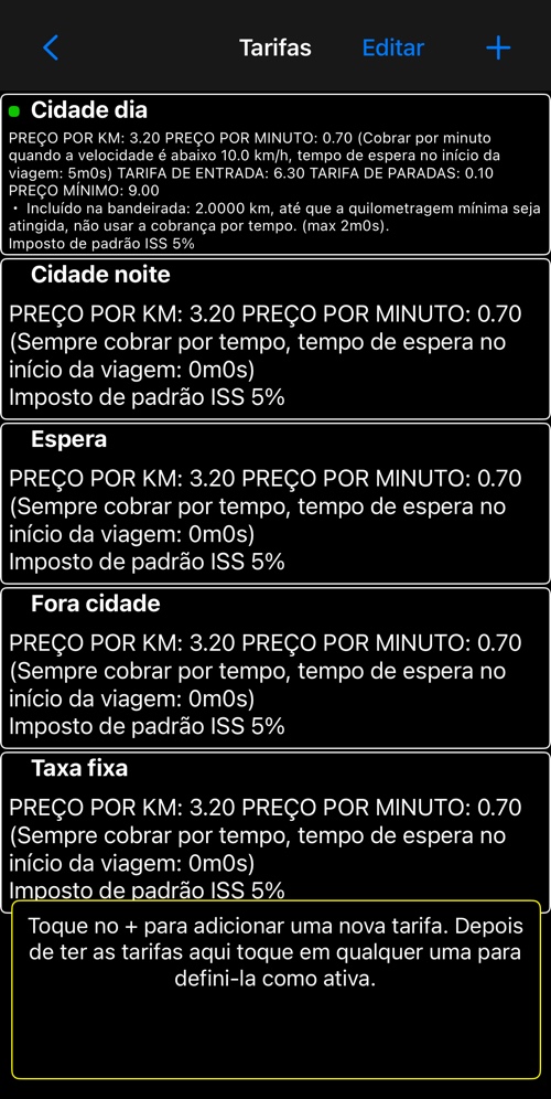 A lista de tarifas, cada linha resumindo uma tarifa inteira, com a ativa marcada