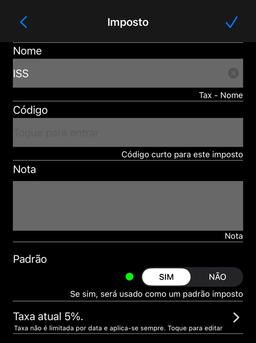 O editor de imposto: nome, código, nota, o interruptor de padrão e a alíquota atual