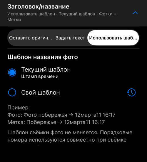 Развёрнутое поле Заголовок/название с текущим и своим шаблоном и примером заголовка