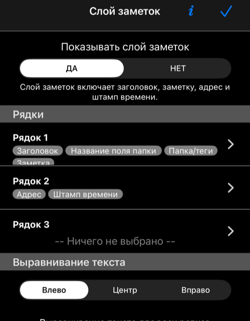 Текущие настройки слоя заметок со штампом времени в строке 2